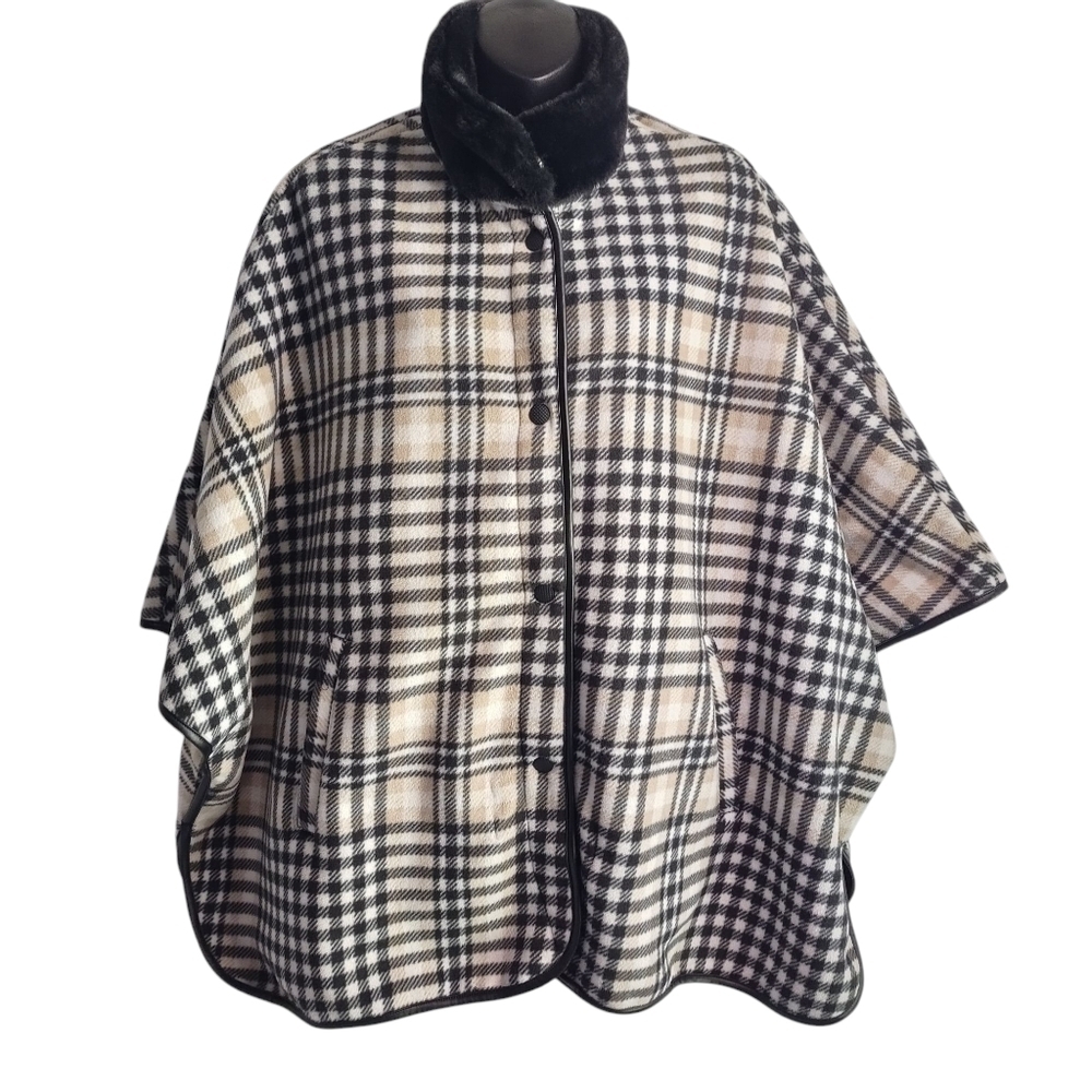 Rachel Roy Women’s Poncho Black White Thick Fleece Faux Fur/Leather Trim XL